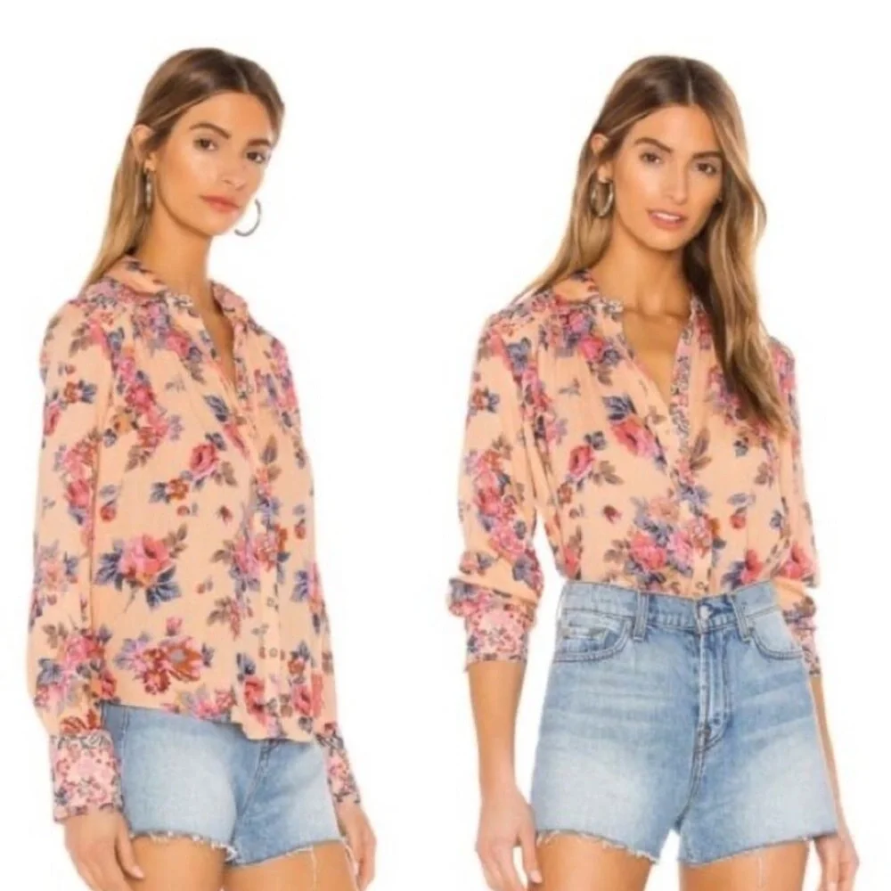 Free People Boho Floral Pink Peach Blouse Sz Large - Picture 3 of 8